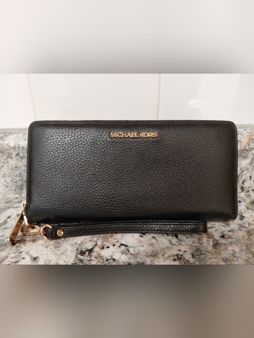 Michael Kors Black Pebbled Leather Wallet Wristlet with Gold Logo